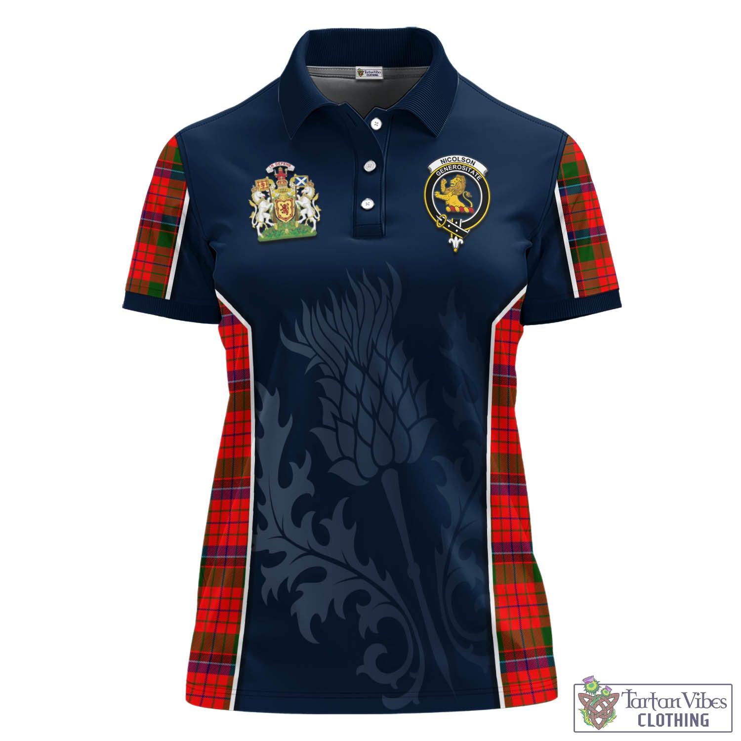 Tartan Vibes Clothing Nicolson Modern Tartan Women's Polo Shirt with Family Crest and Scottish Thistle Vibes Sport Style