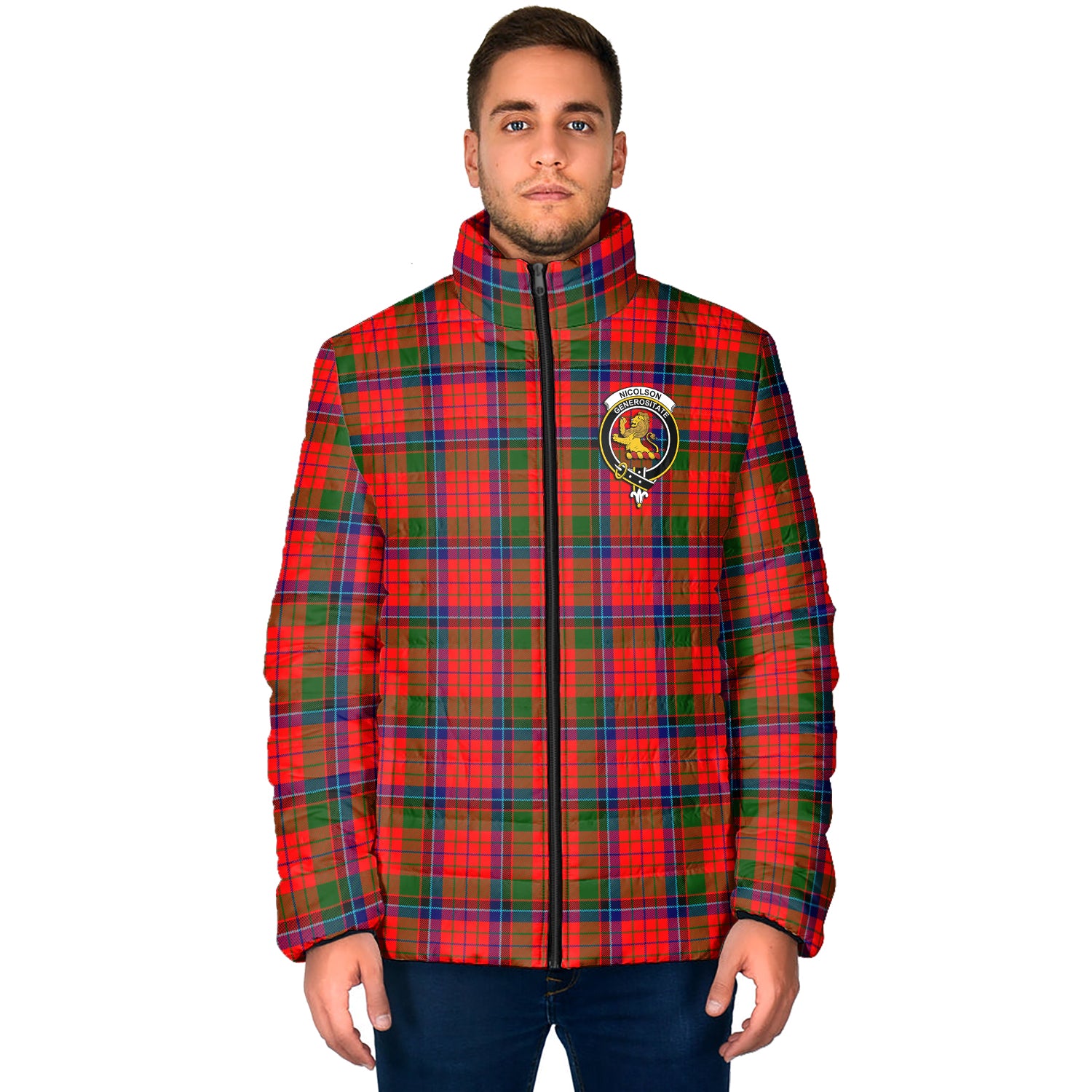 Nicolson Modern Tartan Padded Jacket with Family Crest - Tartan Vibes Clothing