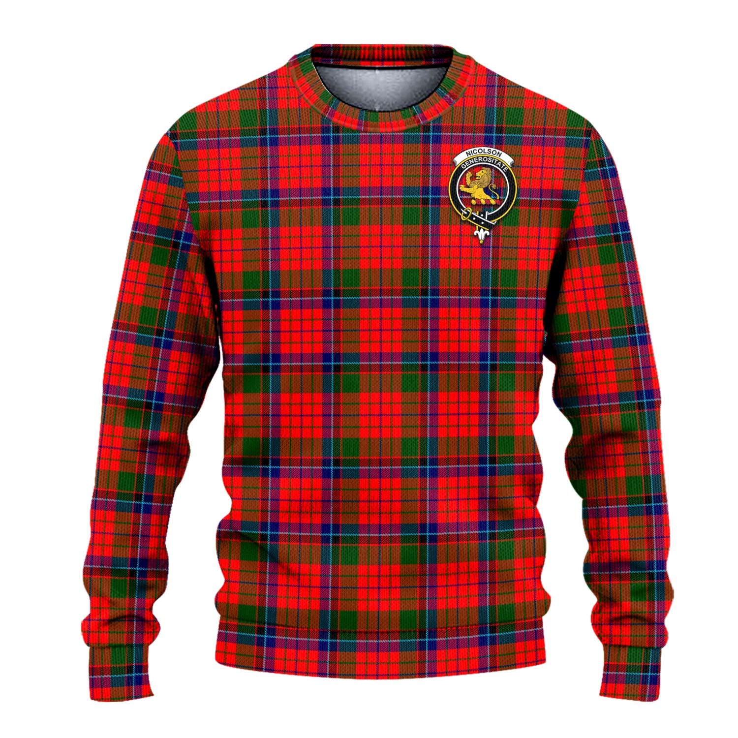 Nicolson Modern Tartan Knitted Sweater with Family Crest - Tartanvibesclothing