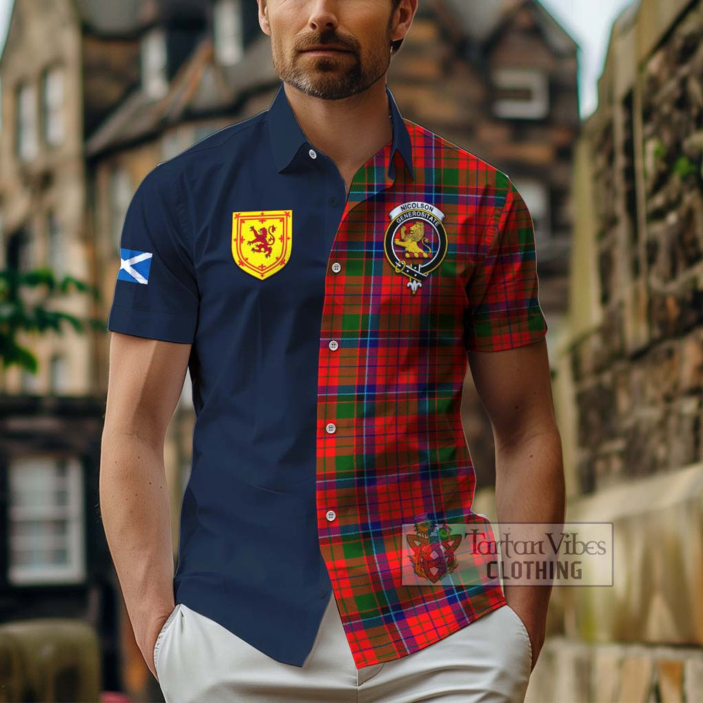 Tartan Vibes Clothing Nicolson Modern Tartan Short Sleeve Button Shirt with Scottish Lion Royal Arm Half Style