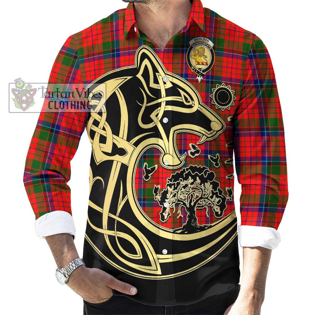 Nicolson Modern Tartan Long Sleeve Button Shirt with Family Crest Celtic Wolf Style - Tartan Vibes Clothing