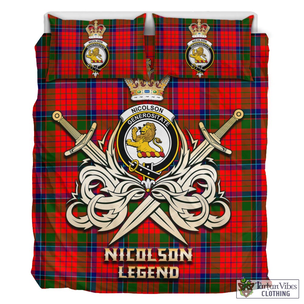 Tartan Vibes Clothing Nicolson Modern Tartan Bedding Set with Clan Crest and the Golden Sword of Courageous Legacy