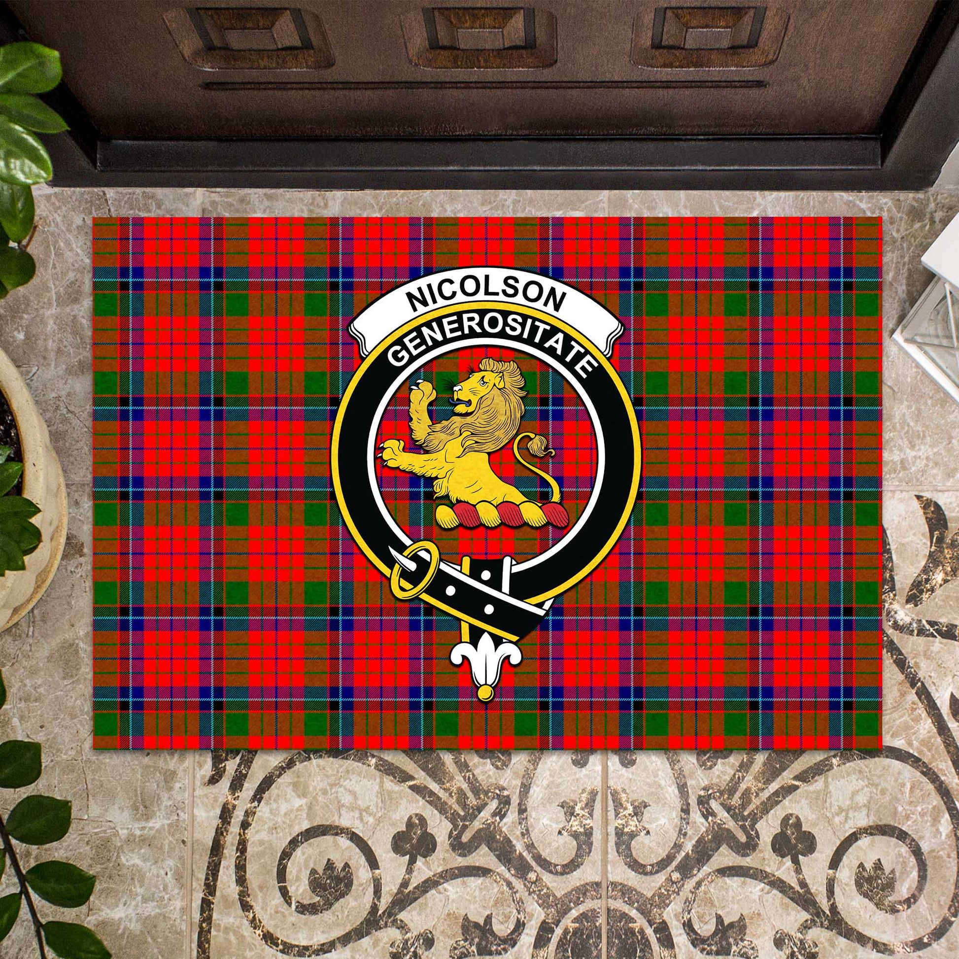 Nicolson Modern Tartan Door Mat with Family Crest - Tartanvibesclothing