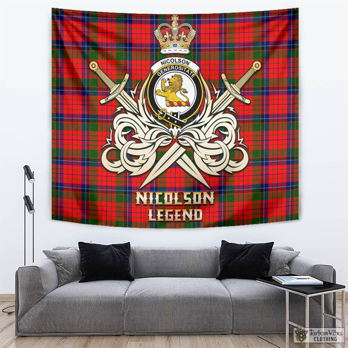 Tartan Vibes Clothing Nicolson Modern Tartan Tapestry with Clan Crest and the Golden Sword of Courageous Legacy