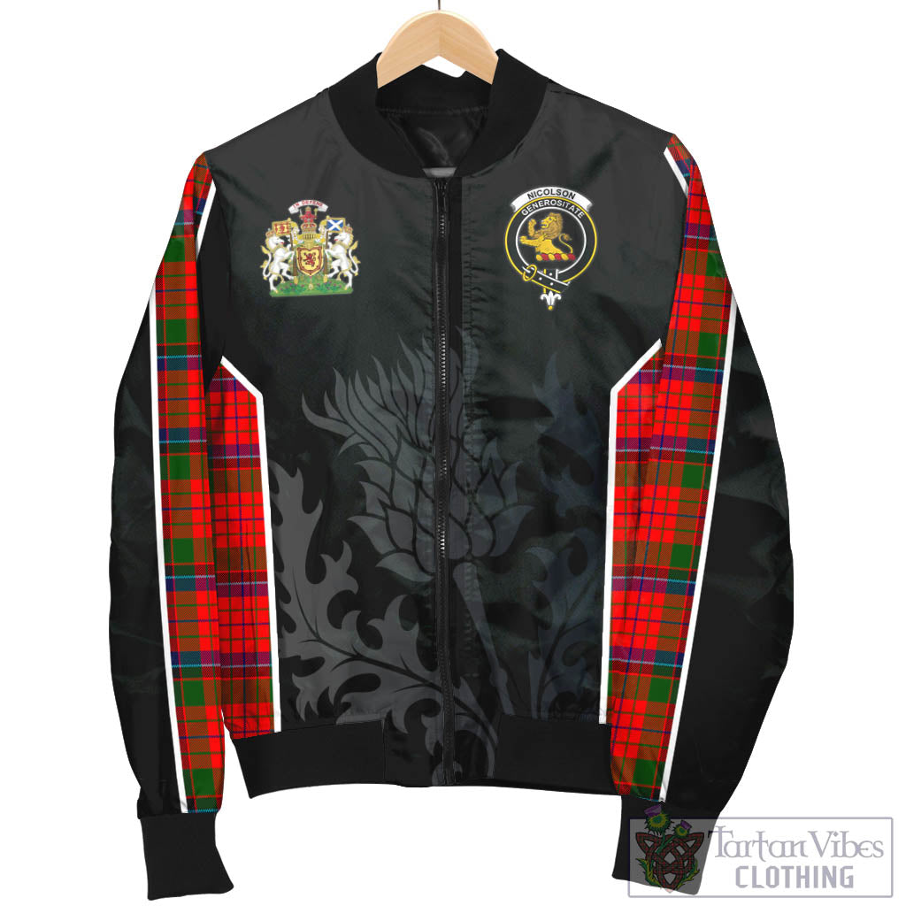 Tartan Vibes Clothing Nicolson Modern Tartan Bomber Jacket with Family Crest and Scottish Thistle Vibes Sport Style