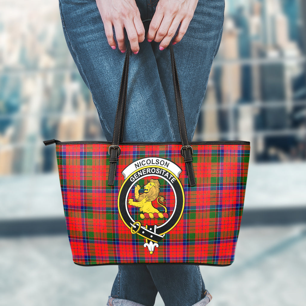 Nicolson Modern Tartan Leather Tote Bag with Family Crest - Tartan Vibes Clothing