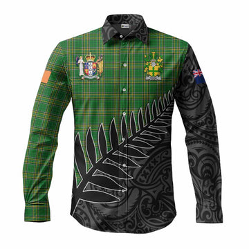 Noone Irish Clan Tartan Long Sleeve Button Shirt with Coat of Arms New Zealand Silver Fern Half Style Men's Shirt S - Tartan Vibes Clothing