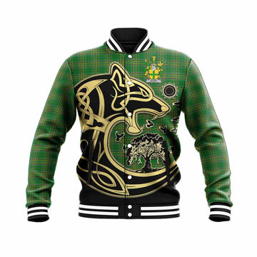 Noone Irish Tartan Baseball Jacket with Coat of Arms Celtic Wolf Style