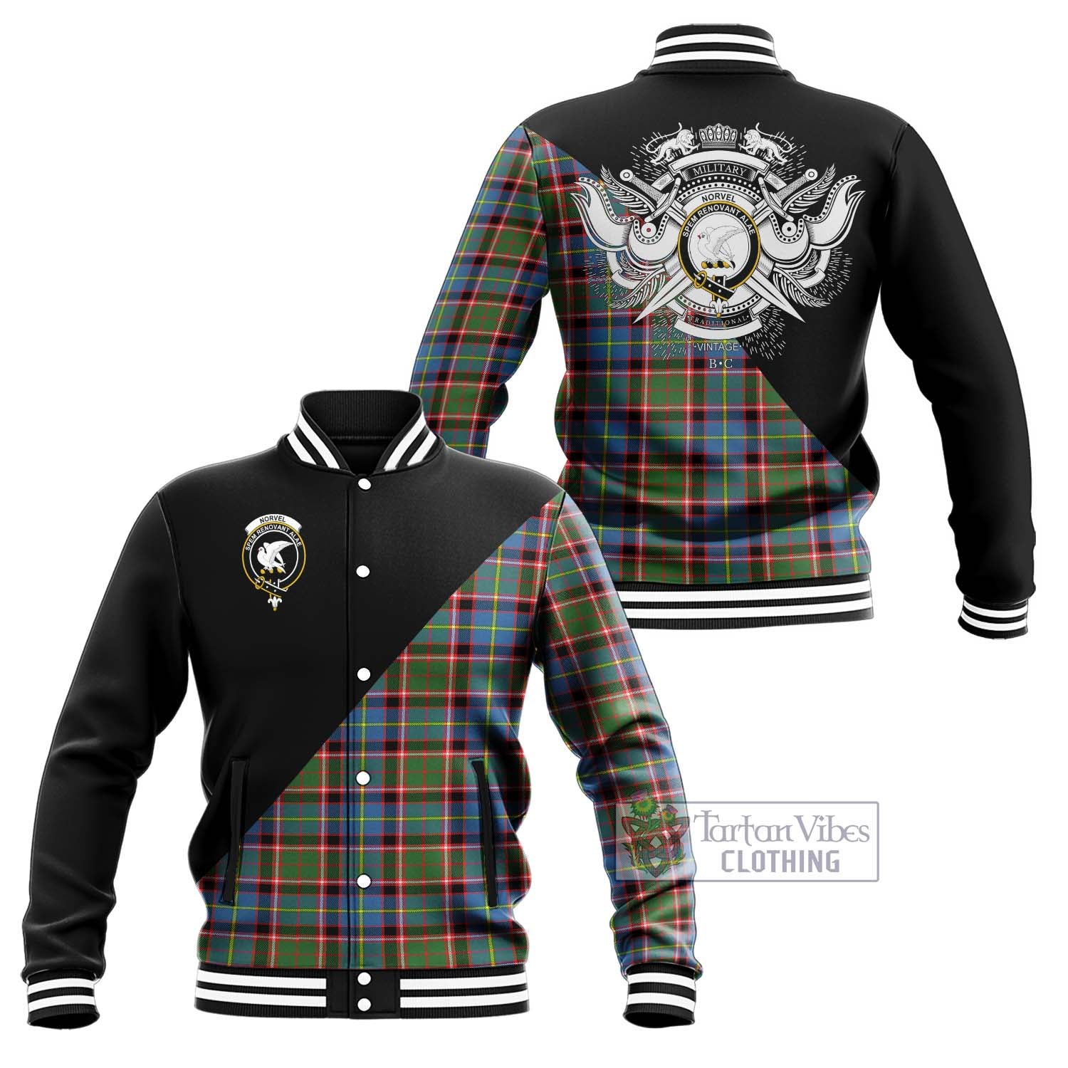 Tartan Vibes Clothing Norvel Tartan Baseball Jacket with Family Crest and Military Logo Style