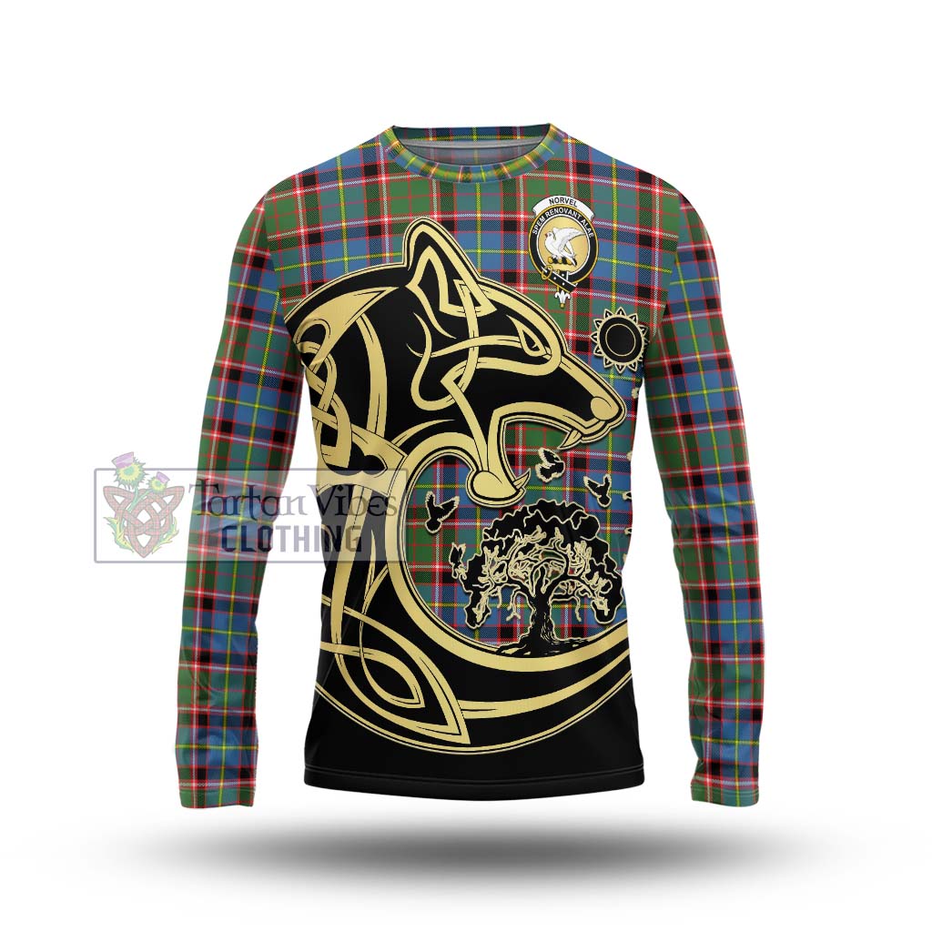 Tartan Vibes Clothing Norvel Tartan Long Sleeve T-Shirt with Family Crest Celtic Wolf Style