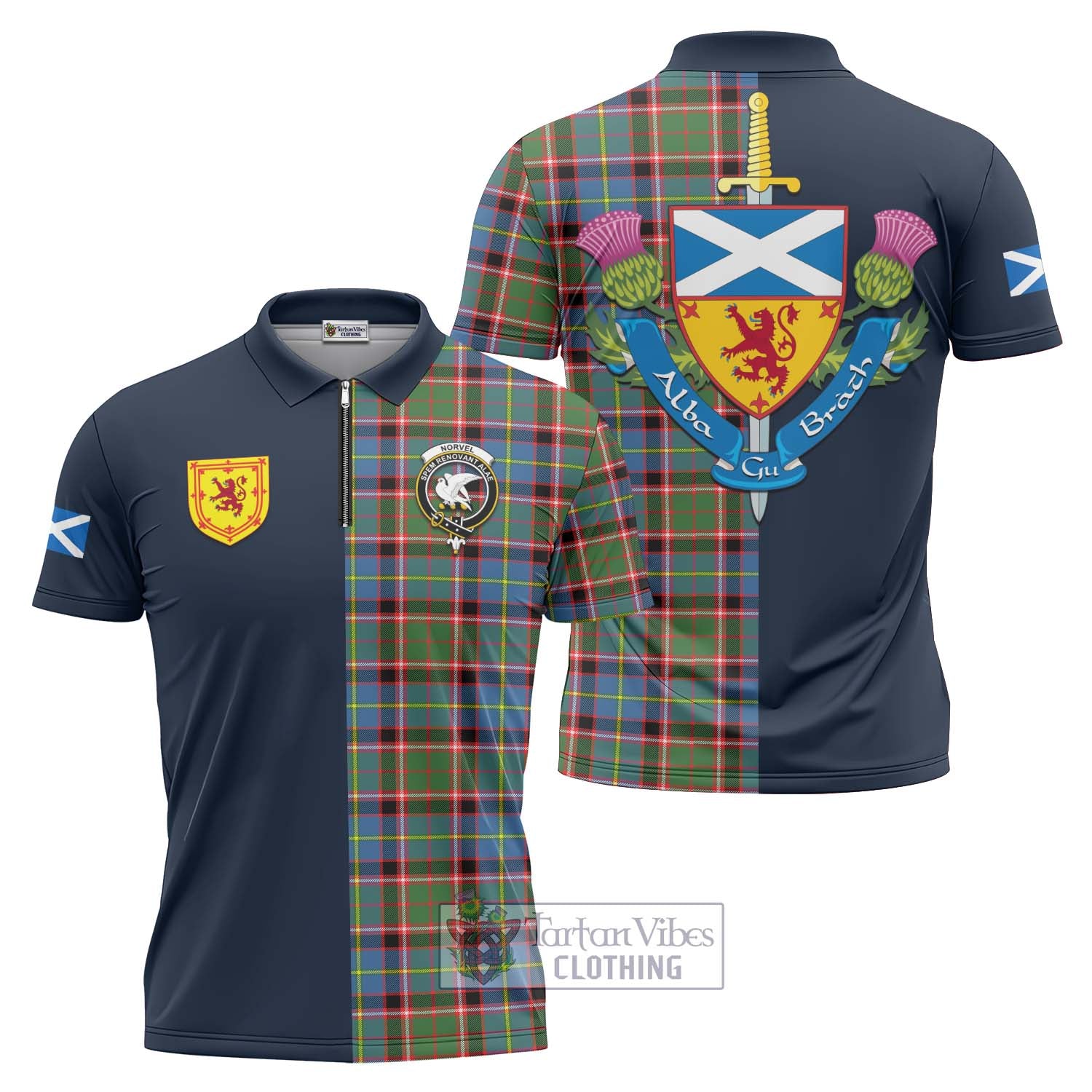 Tartan Vibes Clothing Norvel Tartan Zipper Polo Shirt with Scottish Lion Royal Arm Half Style