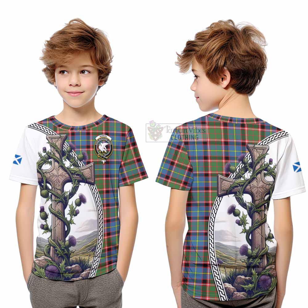 Tartan Vibes Clothing Norvel Tartan Kid T-Shirt with Family Crest and St. Andrew's Cross Accented by Thistle Vines