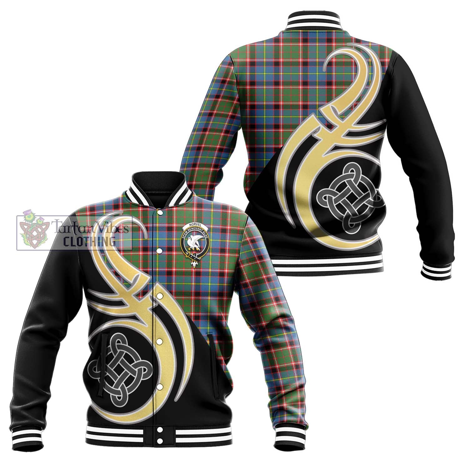 Tartan Vibes Clothing Norvel Tartan Baseball Jacket with Family Crest and Celtic Symbol Style