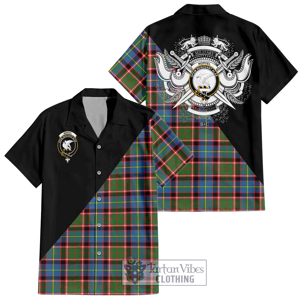 Tartan Vibes Clothing Norvel Tartan Short Sleeve Button Shirt with Family Crest and Military Logo Style