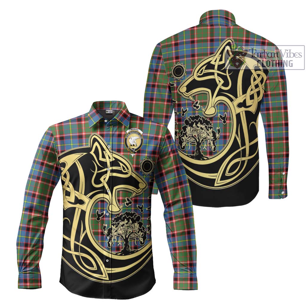 Tartan Vibes Clothing Norvel Tartan Long Sleeve Button Shirt with Family Crest Celtic Wolf Style