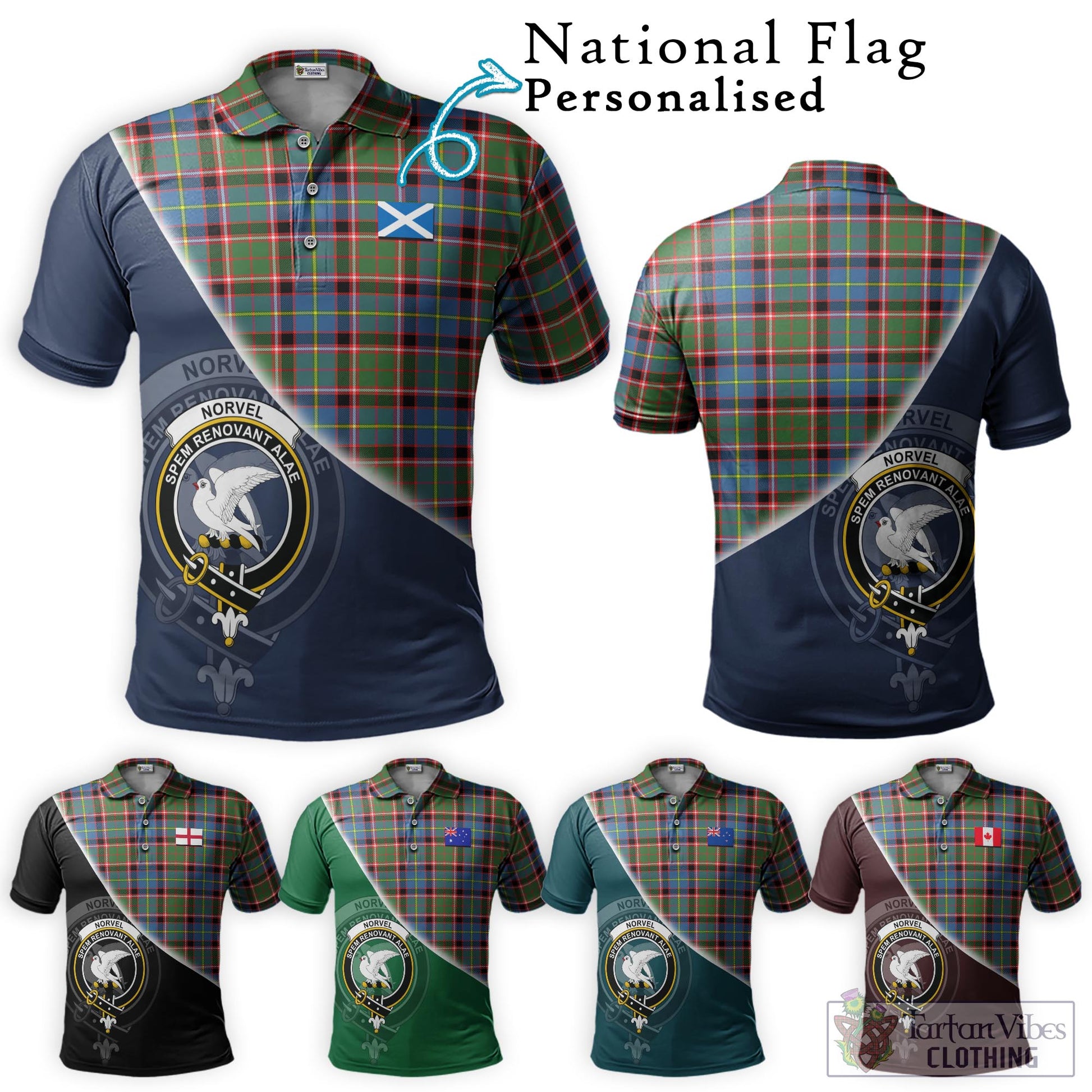 Tartan Vibes Clothing Norvel Tartan Polo Shirt with Personalised National Flag and Family Crest Half Style