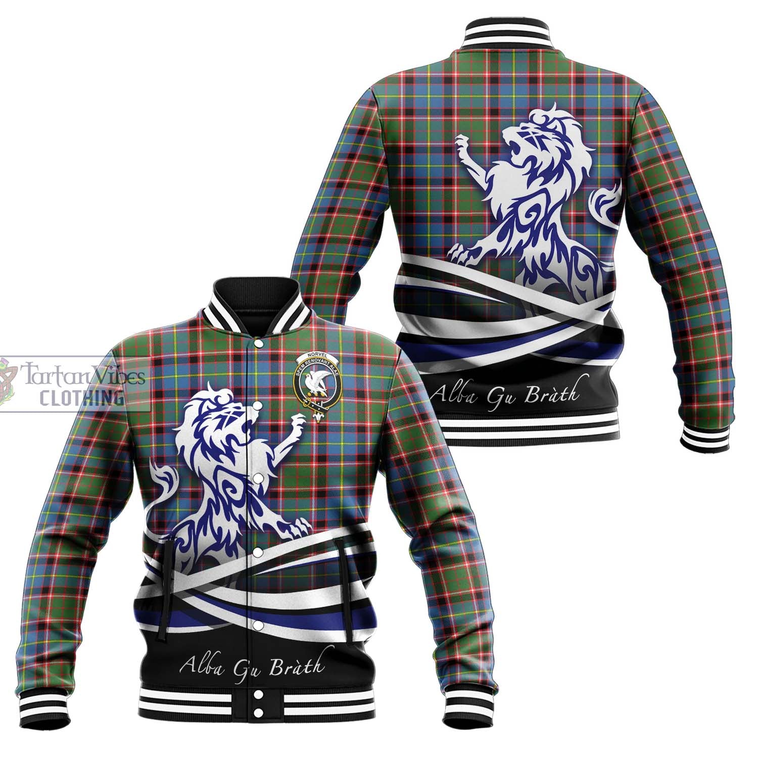 Tartan Vibes Clothing Norvel Tartan Baseball Jacket with Alba Gu Brath Regal Lion Emblem