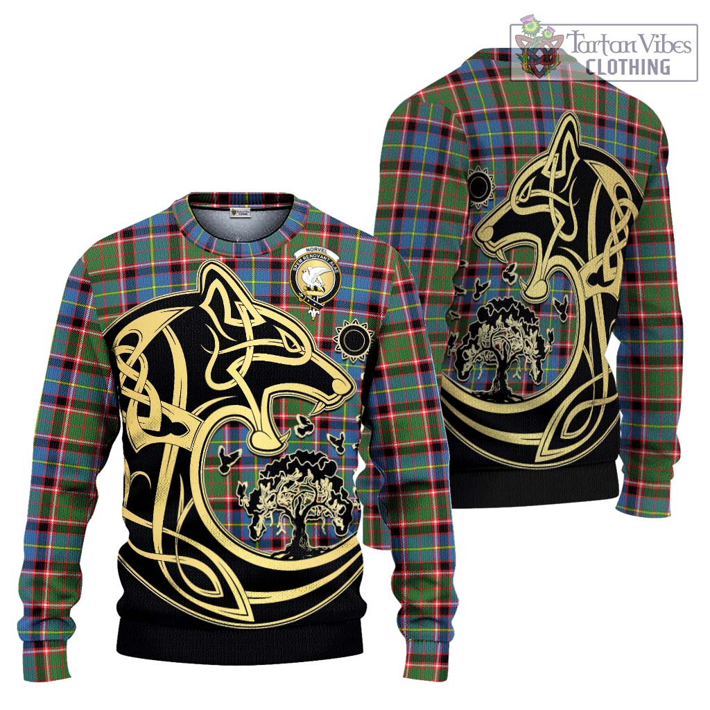 Tartan Vibes Clothing Norvel Tartan Knitted Sweater with Family Crest Celtic Wolf Style