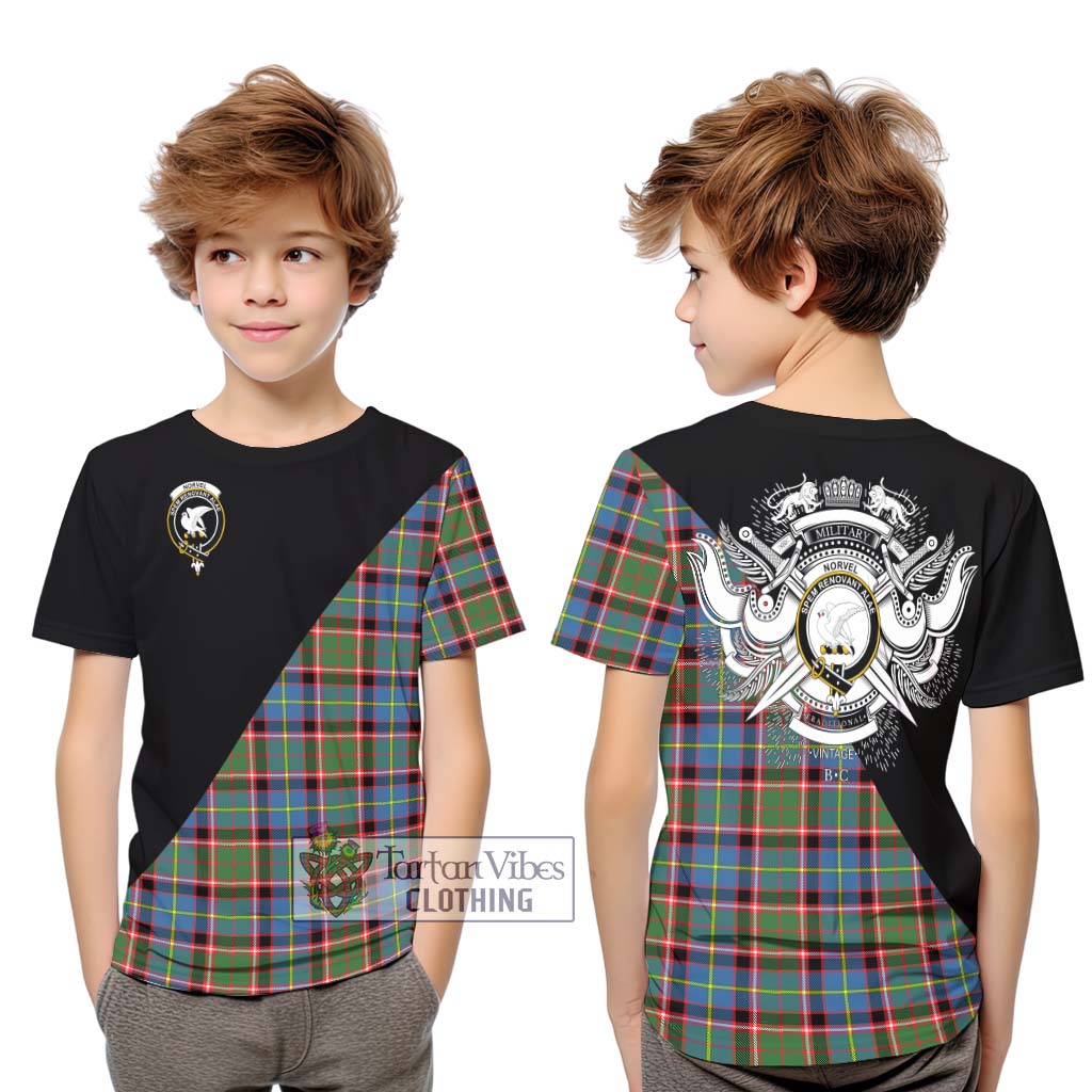 Tartan Vibes Clothing Norvel Tartan Kid T-Shirt with Family Crest and Military Logo Style