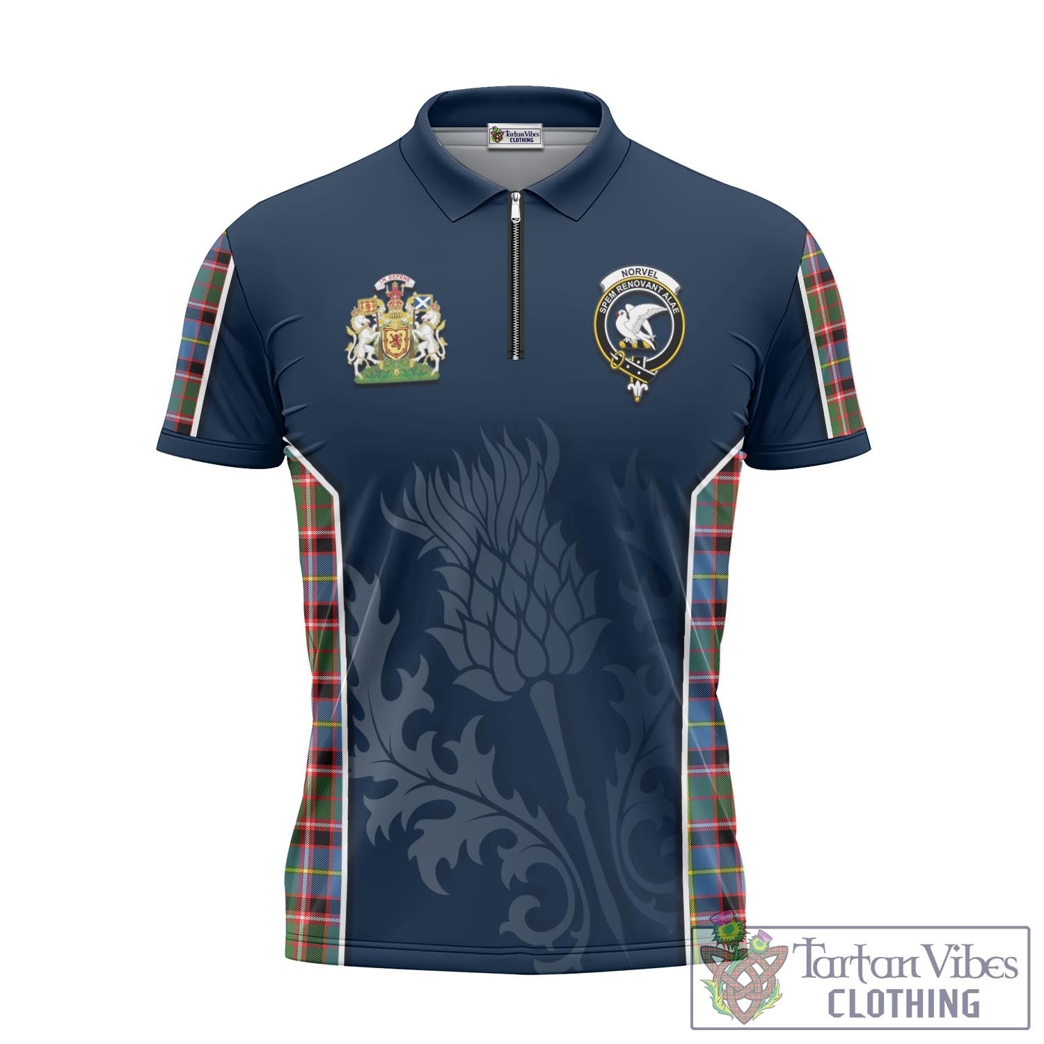 Tartan Vibes Clothing Norvel Tartan Zipper Polo Shirt with Family Crest and Scottish Thistle Vibes Sport Style