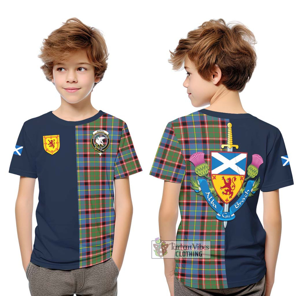 Tartan Vibes Clothing Norvel Tartan Kid T-Shirt with Scottish Lion Royal Arm Half Style