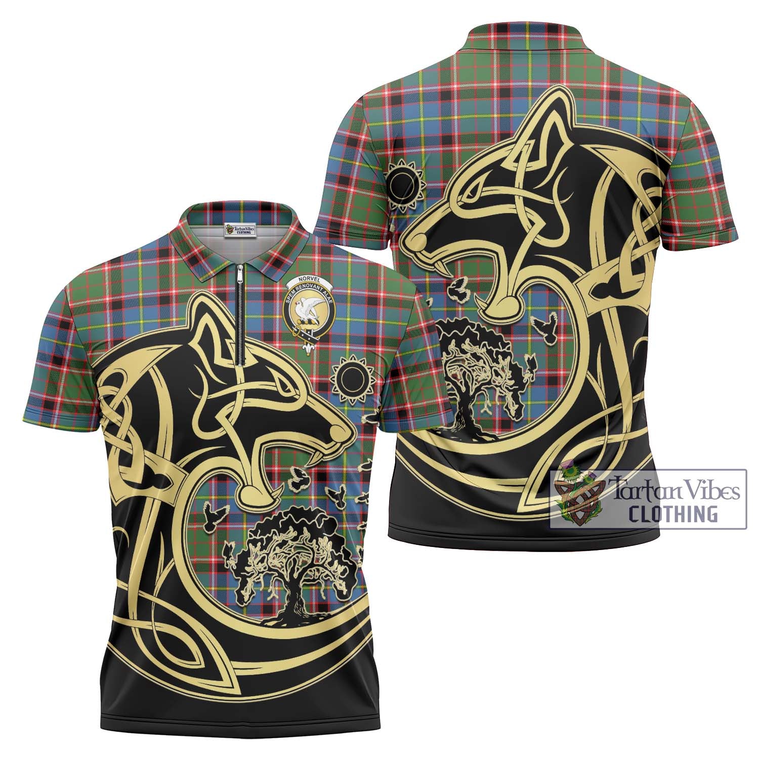 Tartan Vibes Clothing Norvel Tartan Zipper Polo Shirt with Family Crest Celtic Wolf Style