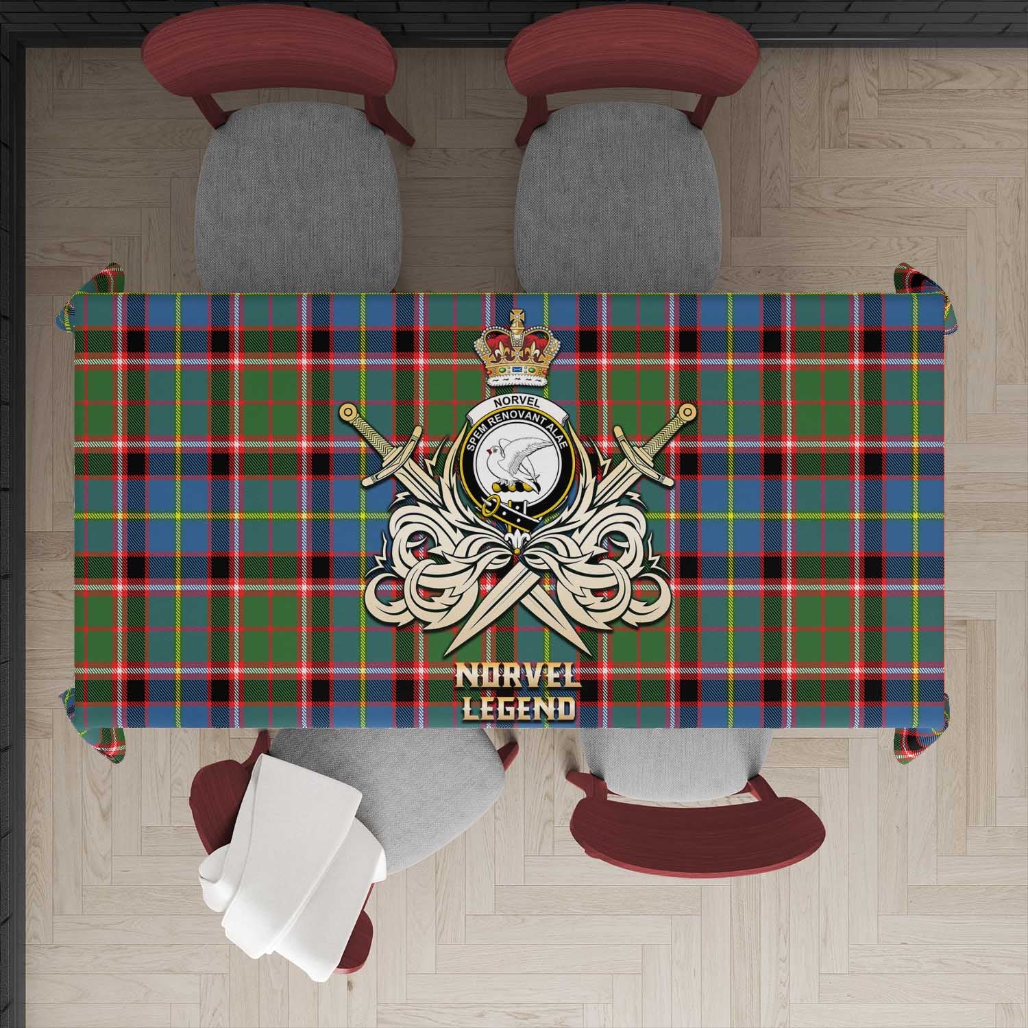 Tartan Vibes Clothing Norvel Tartan Tablecloth with Clan Crest and the Golden Sword of Courageous Legacy