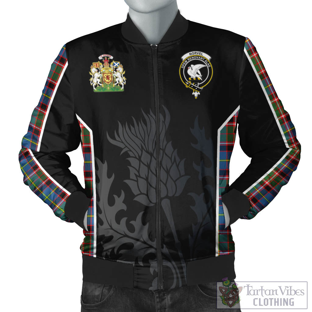 Tartan Vibes Clothing Norvel Tartan Bomber Jacket with Family Crest and Scottish Thistle Vibes Sport Style