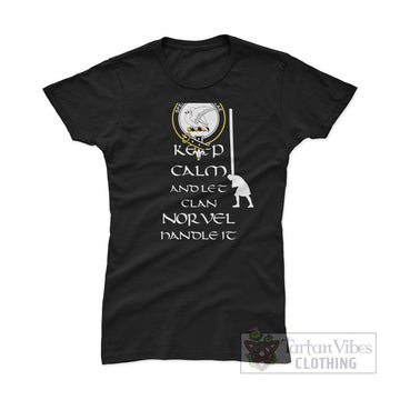 Norvel Clan Women's T-Shirt: Keep Calm and Let the Clan Handle It Caber Toss Highland Games Style