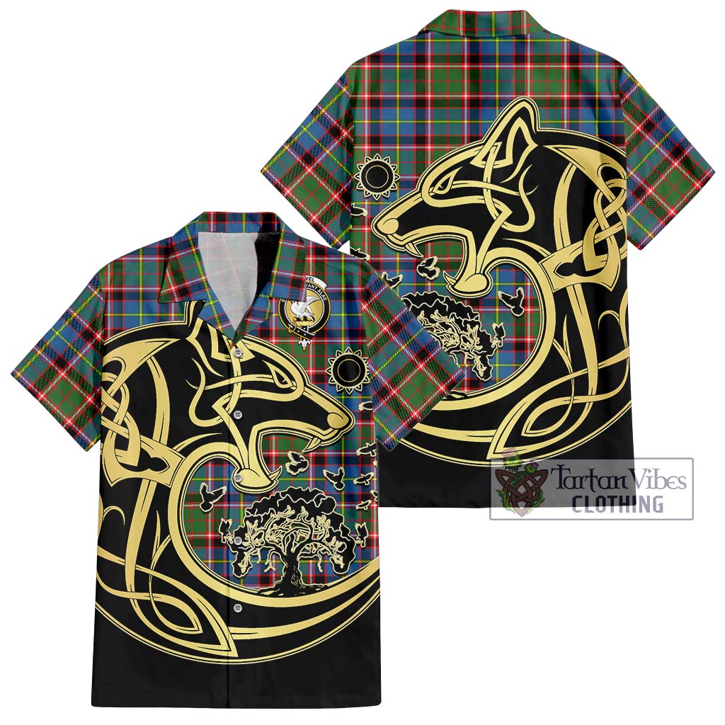 Tartan Vibes Clothing Norvel Tartan Short Sleeve Button Shirt with Family Crest Celtic Wolf Style