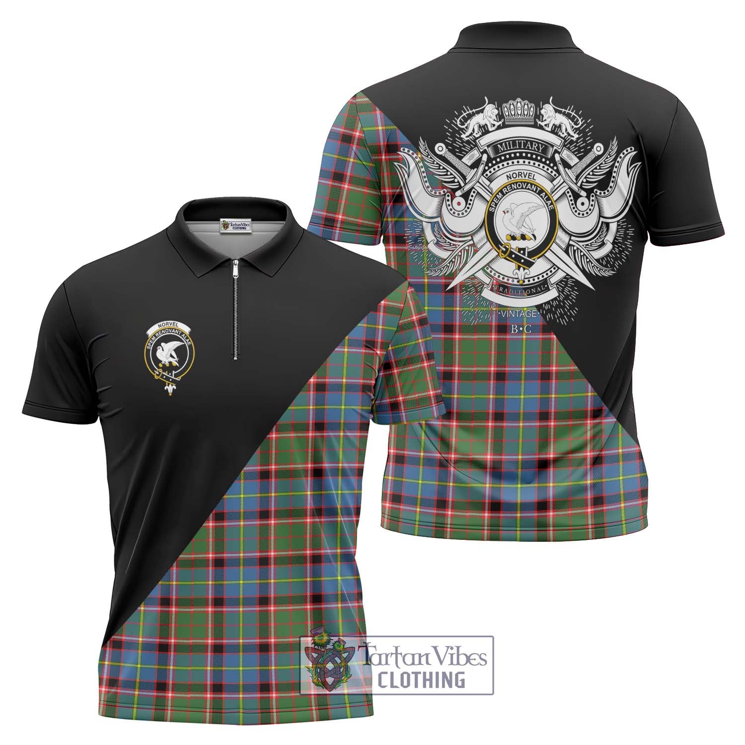 Tartan Vibes Clothing Norvel Tartan Zipper Polo Shirt with Family Crest and Military Logo Style