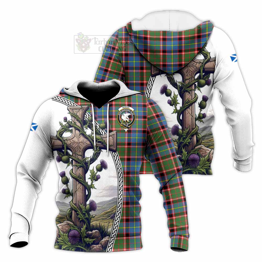 Tartan Vibes Clothing Norvel Tartan Knitted Hoodie with Family Crest and St. Andrew's Cross Accented by Thistle Vines