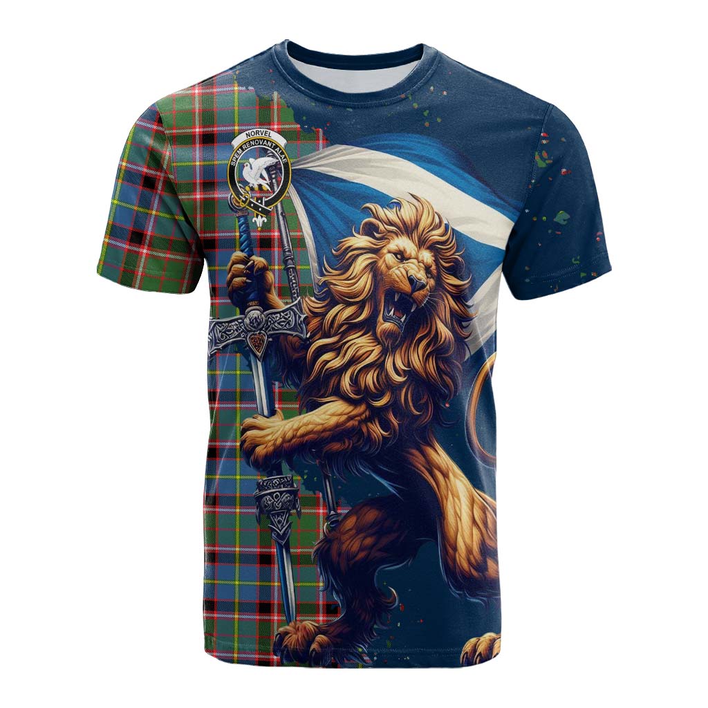 Tartan Vibes Clothing Norvel Tartan Family Crest Cotton T-shirt with Scottish Majestic Lion