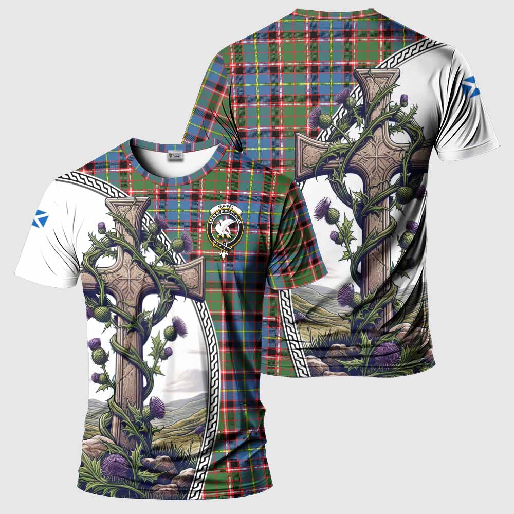 Tartan Vibes Clothing Norvel Agnew Tartan T-Shirt with Family Crest and St. Andrew's Cross Accented by Thistle Vines