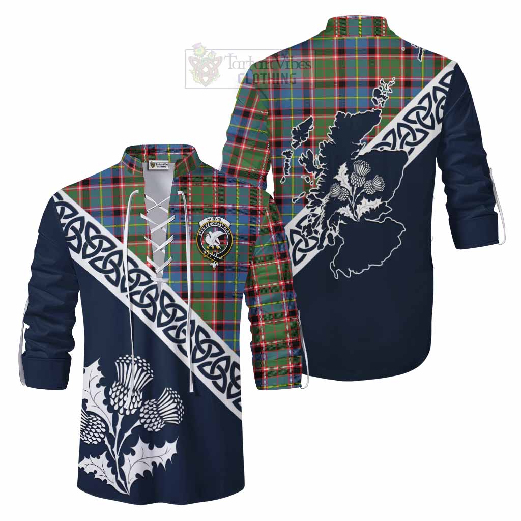 Norvel Tartan Ghillie Kilt Shirt Featuring Thistle and Scotland Map Men - Tartan Vibes Clothing