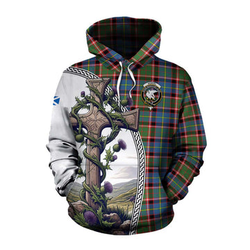 Norvel Tartan Cotton Hoodie with Family Crest and St. Andrew's Cross Accented by Thistle Vines