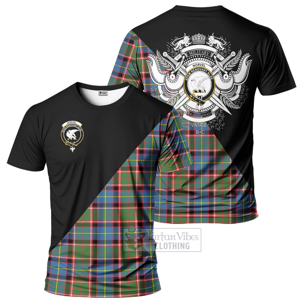 Tartan Vibes Clothing Norvel Tartan T-Shirt with Family Crest and Military Logo Style