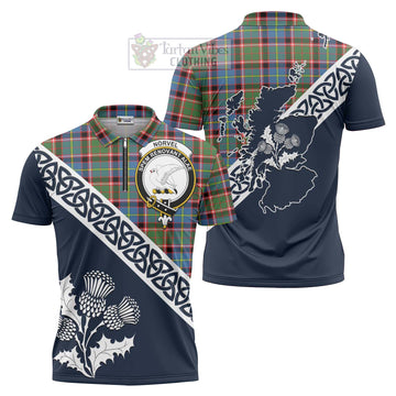 Norvel Tartan Zipper Polo Shirt Featuring Thistle and Scotland Map