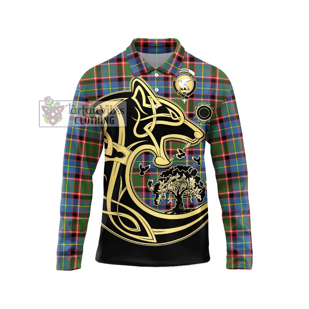 Tartan Vibes Clothing Norvel Tartan Long Sleeve Polo Shirt with Family Crest Celtic Wolf Style