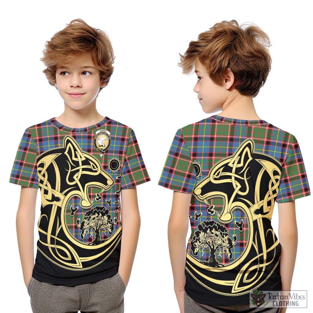 Tartan Vibes Clothing Norvel Tartan Kid T-Shirt with Family Crest Celtic Wolf Style