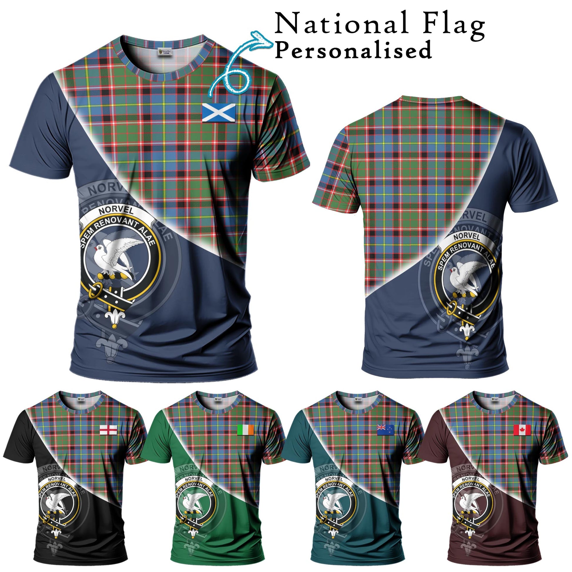 Tartan Vibes Clothing Norvel Tartan T-Shirt with Personalised National Flag and Family Crest Half Style