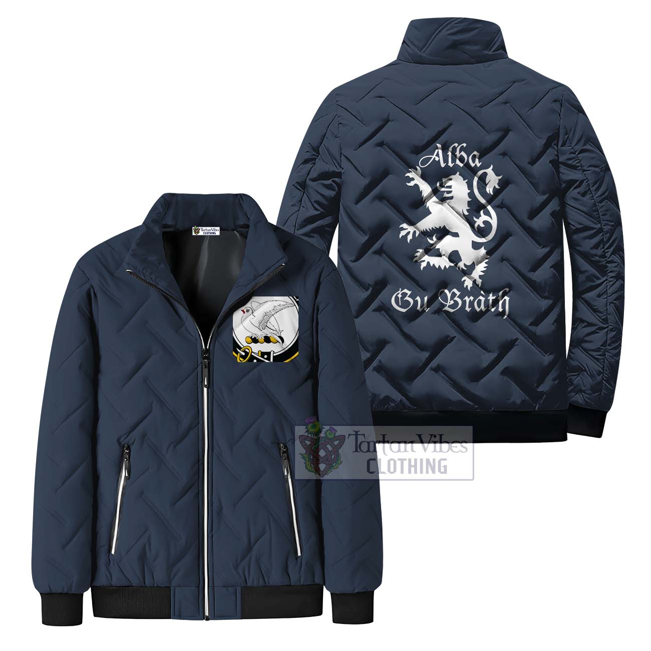 Tartan Vibes Clothing Norvel Family Crest Padded Cotton Jacket Lion Rampant Alba Gu Brath Style