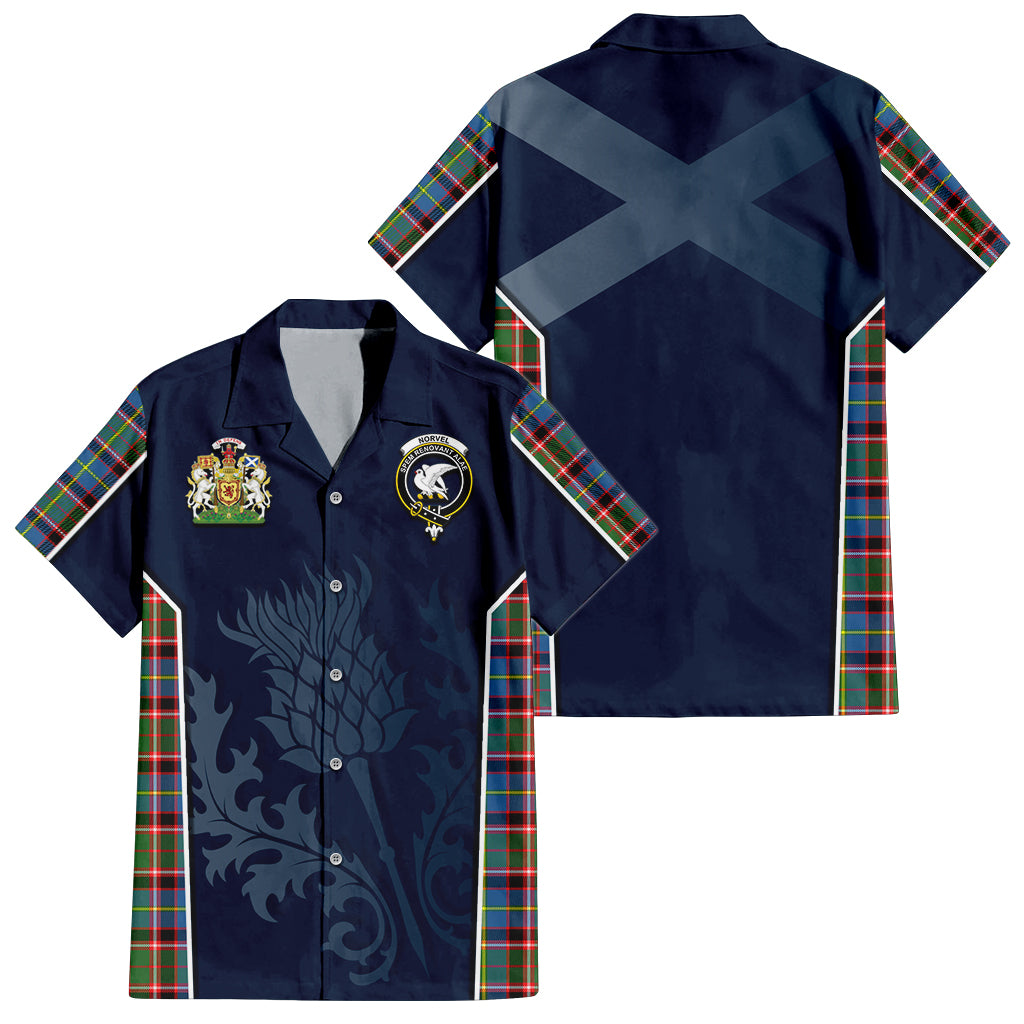 Tartan Vibes Clothing Norvel Tartan Short Sleeve Button Up Shirt with Family Crest and Scottish Thistle Vibes Sport Style