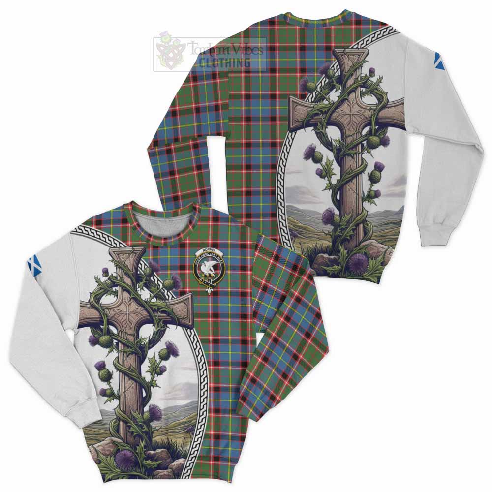 Tartan Vibes Clothing Norvel Tartan Sweatshirt with Family Crest and St. Andrew's Cross Accented by Thistle Vines