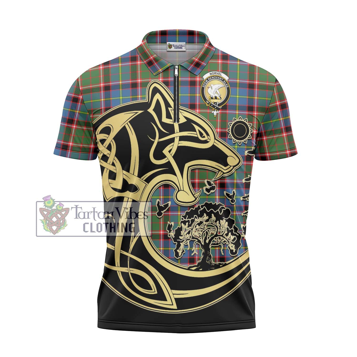 Tartan Vibes Clothing Norvel Tartan Zipper Polo Shirt with Family Crest Celtic Wolf Style