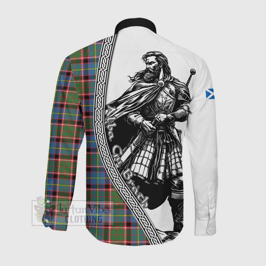 Tartan Vibes Clothing Norvel Tartan Clan Crest Long Sleeve Button Shirt with Highlander Warrior Celtic Style