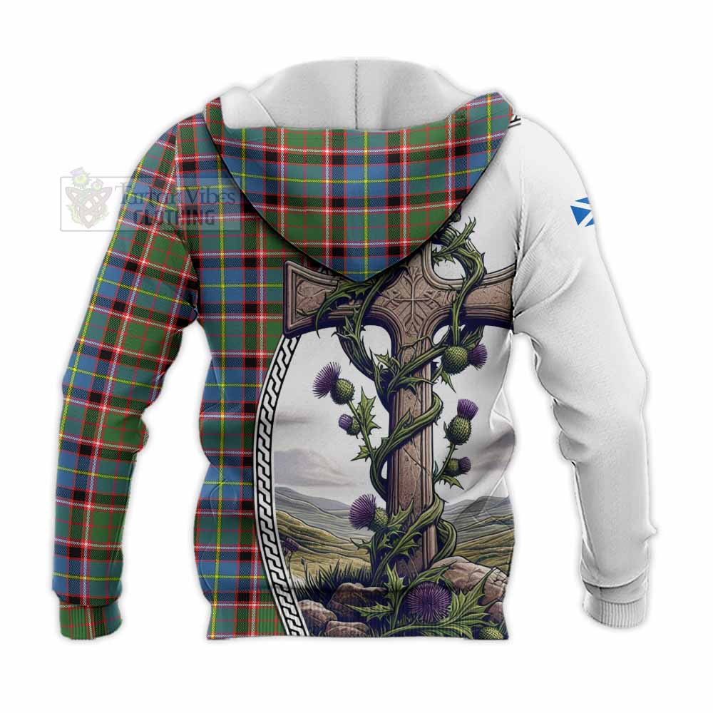 Tartan Vibes Clothing Norvel Tartan Knitted Hoodie with Family Crest and St. Andrew's Cross Accented by Thistle Vines