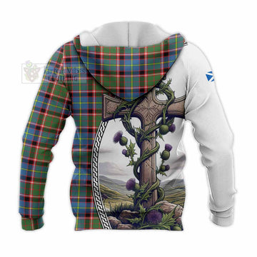 Norvel Tartan Knitted Hoodie with Family Crest and St. Andrew's Cross Accented by Thistle Vines