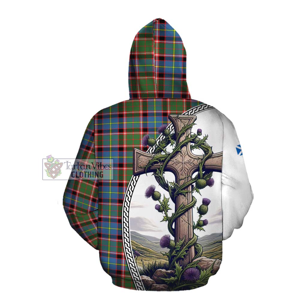 Tartan Vibes Clothing Norvel Tartan Cotton Hoodie with Family Crest and St. Andrew's Cross Accented by Thistle Vines