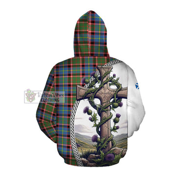 Norvel Tartan Cotton Hoodie with Family Crest and St. Andrew's Cross Accented by Thistle Vines